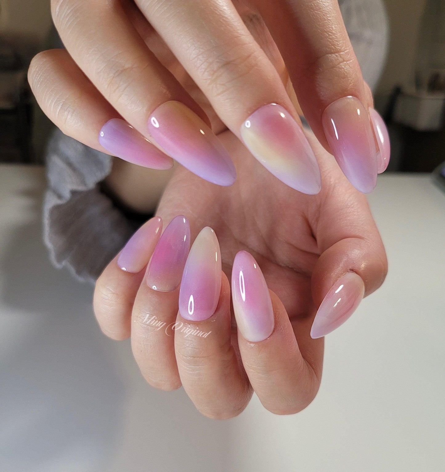 Simple airbrush press on nails, pink purple yellow ombre color reuse nails, jelly fake nails,hand painted candy color bloom nail