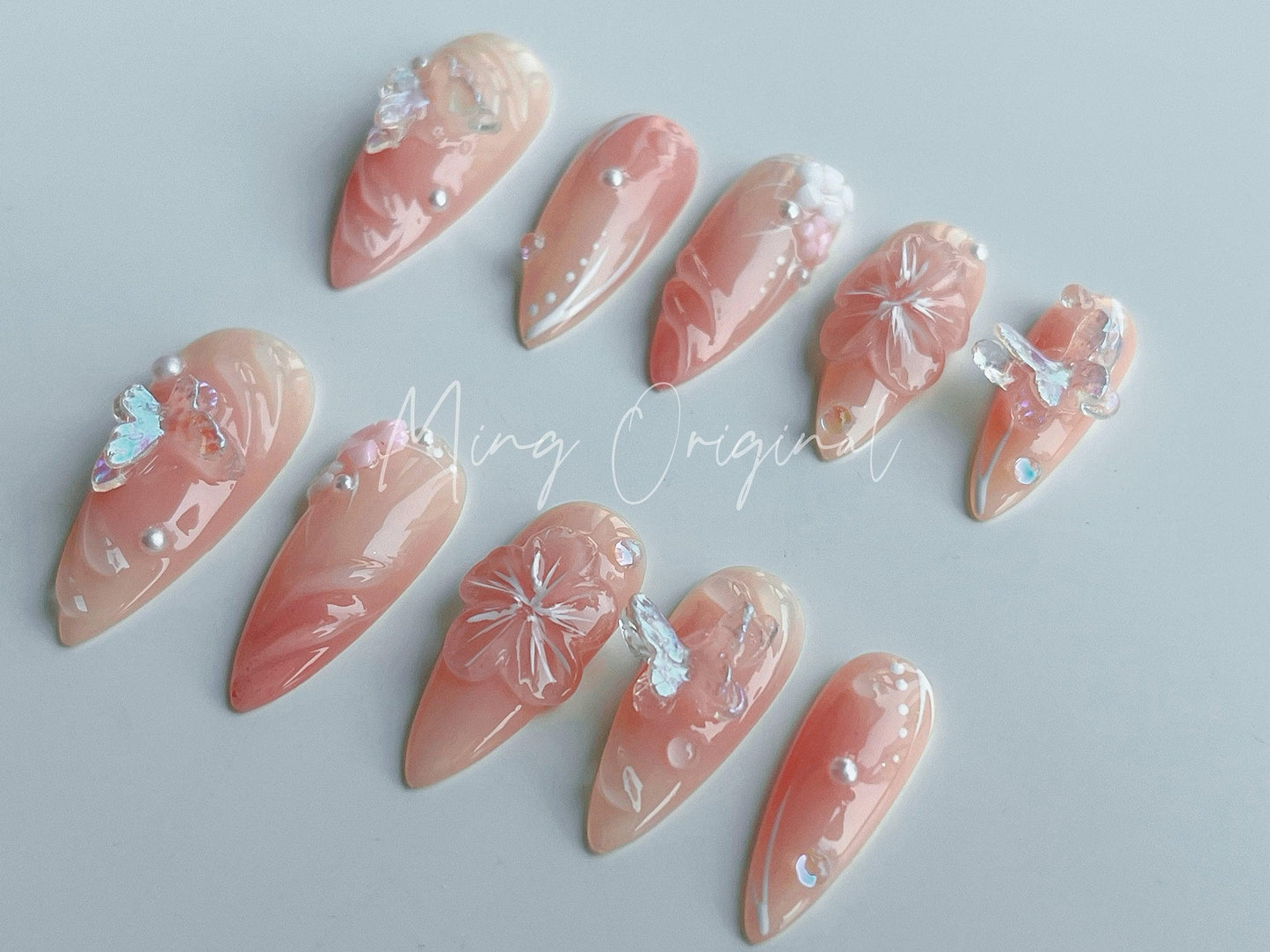 3D sculptured flower Press on Nails, Mermaid Butterfly Nails, Clear Tropical Floral Nails, Jelly Nails