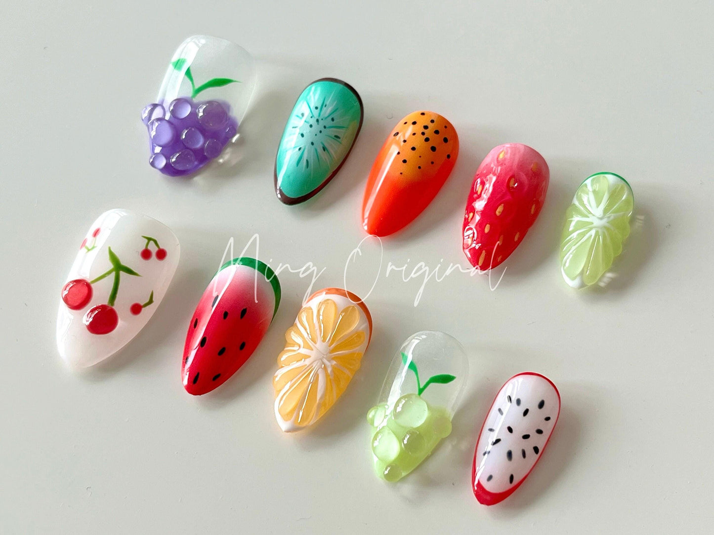 Summer Colorful Fruit Lover press on nails,Fresh Look Candy Color Gifts for Her,Grape Orange Kiwi Watermelon