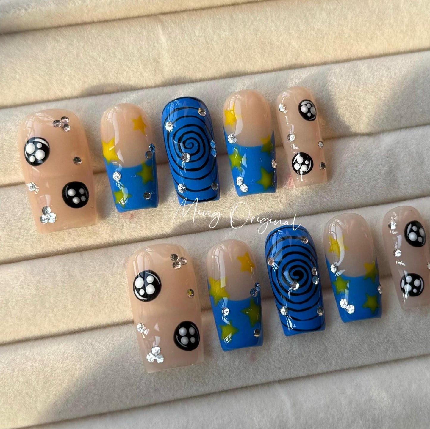 Free style blue Press on Nails, nude nail, yellow Star abstract color hand paint fun nail, Christmas holiday birthday gift for her,MO329