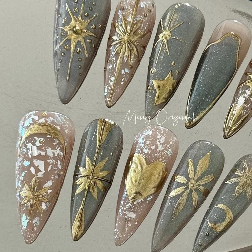 Greek Goddess mystery gold free style cat eye press on nails, heart and Star moon nail, nude jelly fake nail, birthday gift for her,MO345