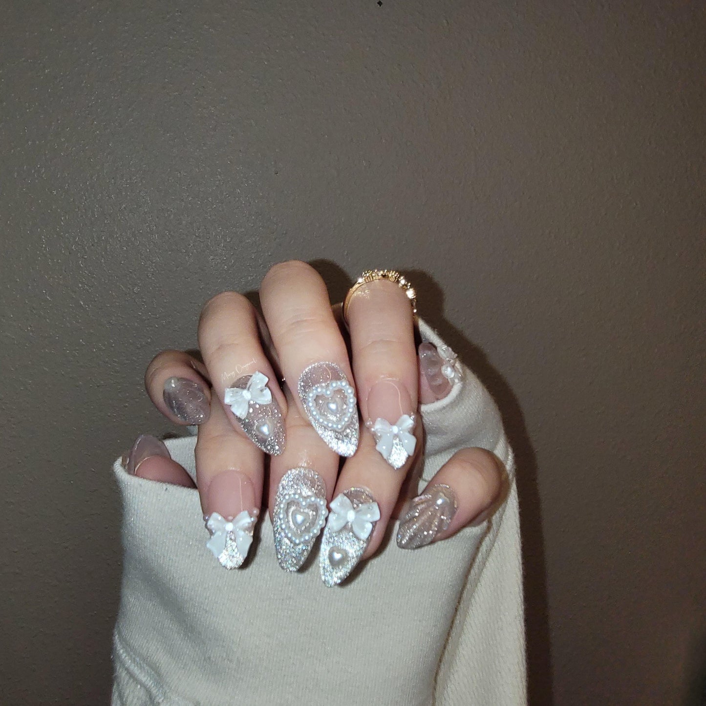 Silver cat eye with bow coquette Press on Nails, French Tip, pearls nail, Jelly Nails, birthday holiday gift for her, MO300