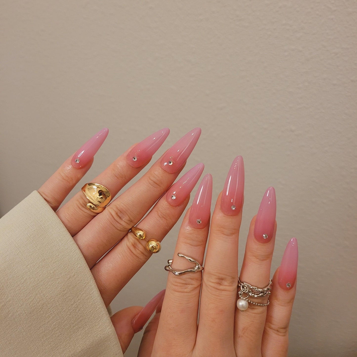 Simple airbrush press on nails, pink purple ombre color with rhinestone, jelly fake nails,hand painted candy color nail