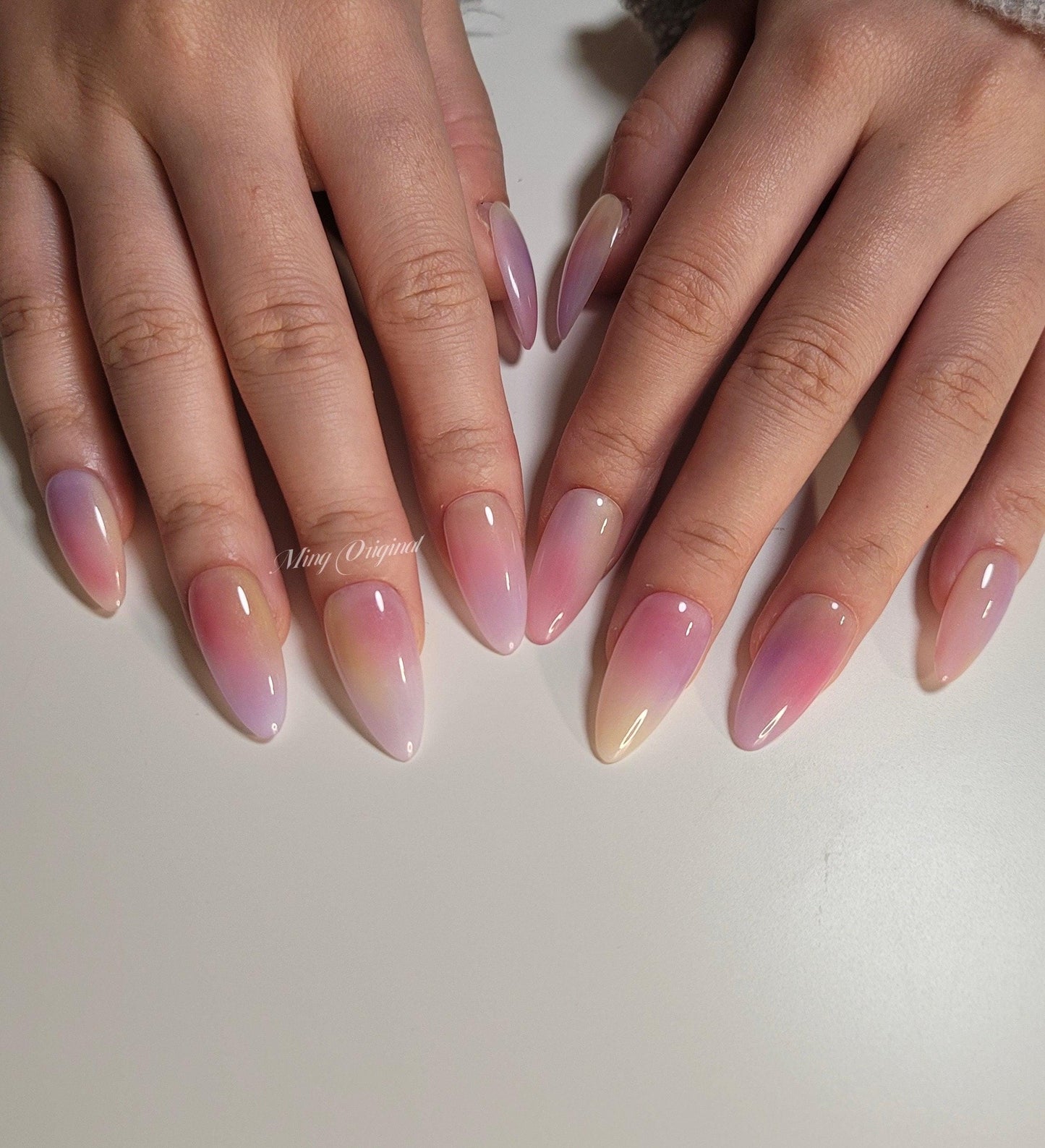 Simple airbrush press on nails, pink purple yellow ombre color reuse nails, jelly fake nails,hand painted candy color bloom nail