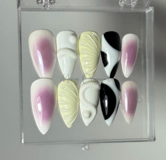Summer Cute Free style 3D swirls, airbrush press on nails, yellow and purple Fairycore Floral Nail , ombre color, gift for her, MO441