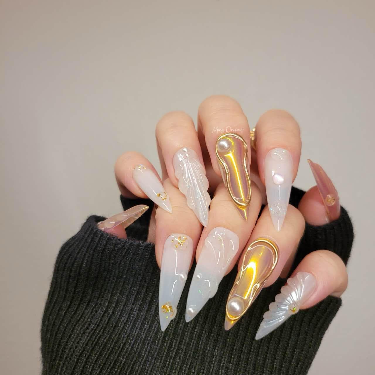 3D Y2K gold aurora Mermaid press on nails, Aura Seashell with pearl reusable nail, jelly fake nail, gift for her