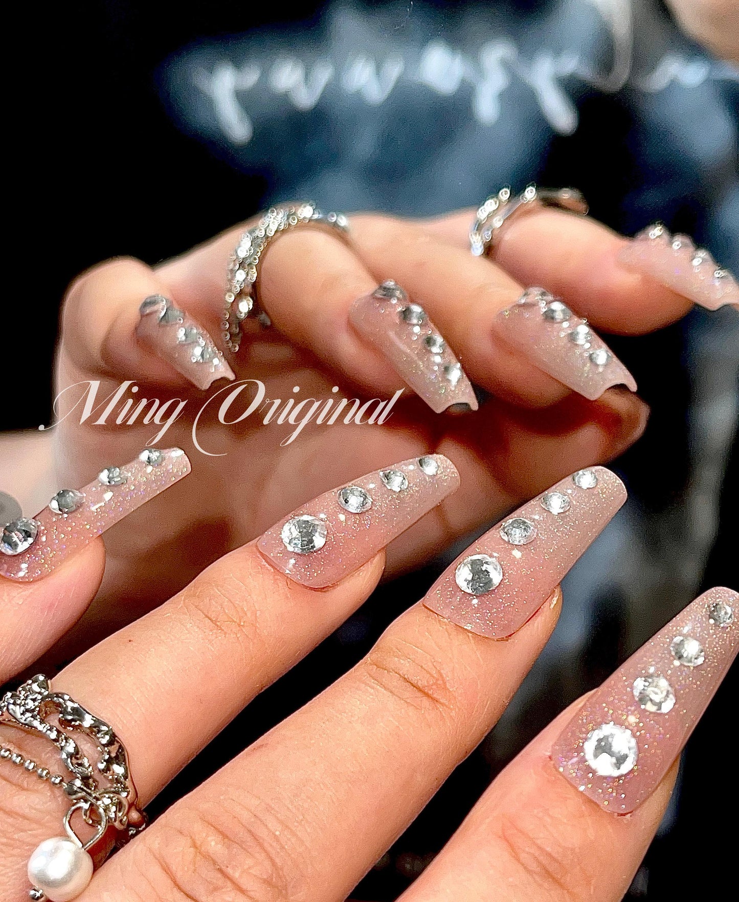 Euphoria Cassie inspired nude crystal diamond rhinestone press on nail, shiny rainbow holographic shimmer Nails