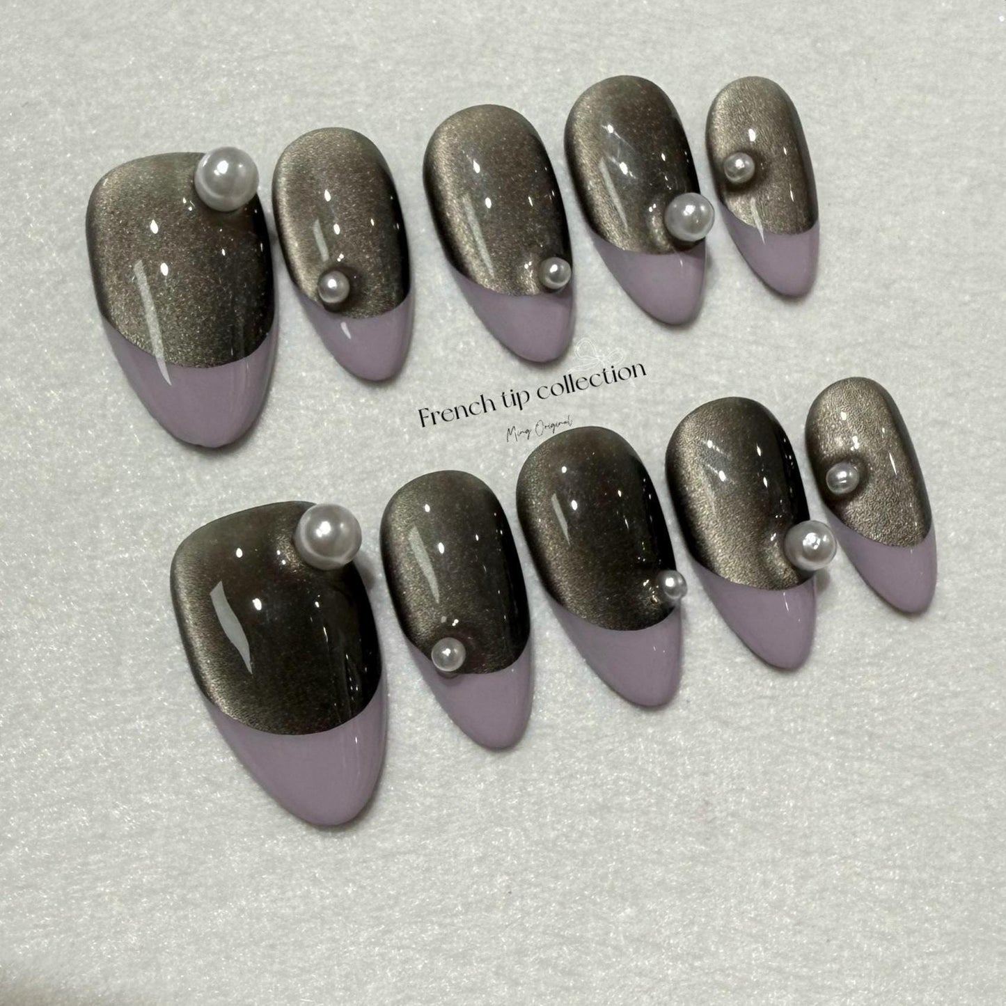French Tip Collection| Purple and Pearl Press on Nails, black cat eye nail, autumn winter nail, gift for her,MO248