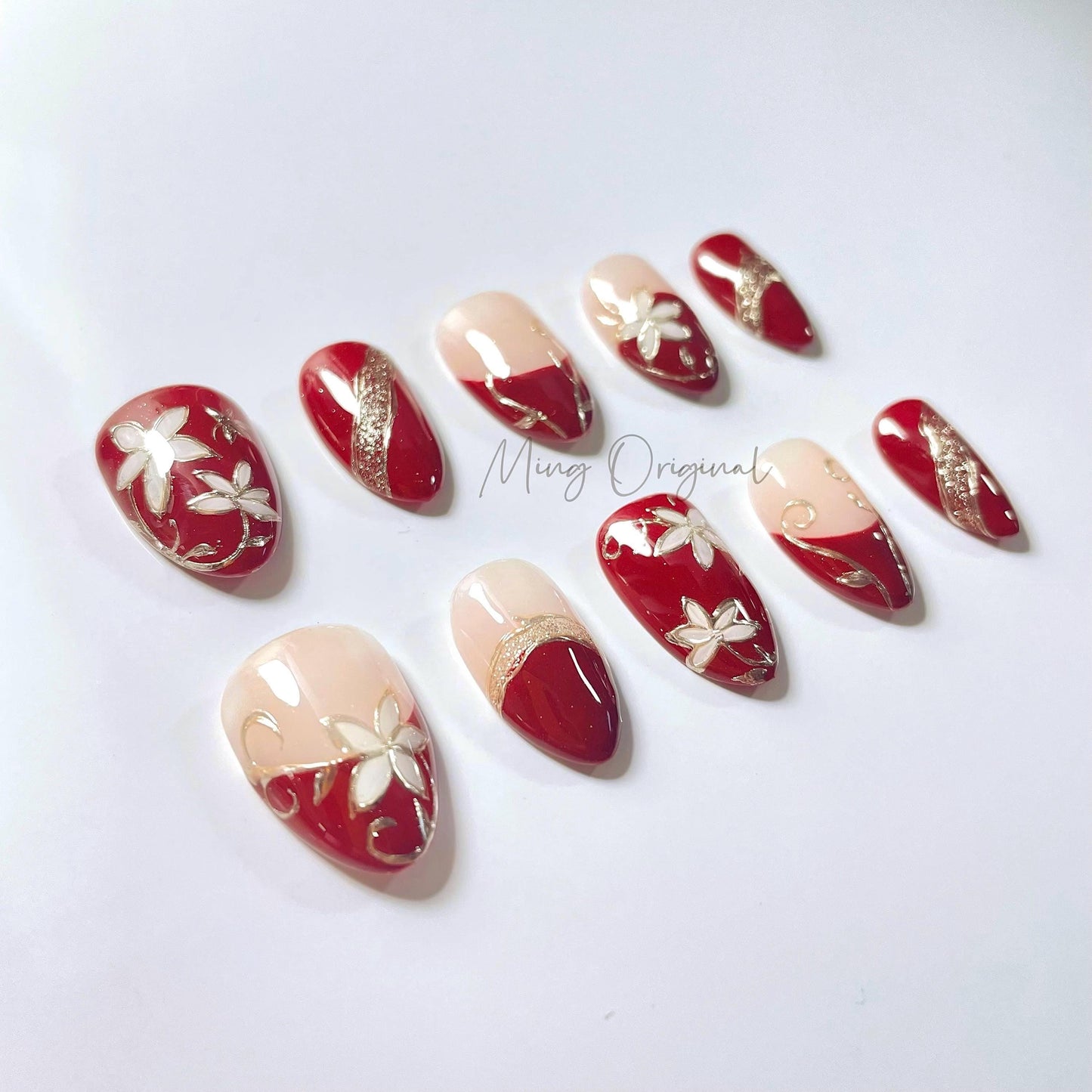 Nude red blossom sculptured flower Press on Nails, Gold Frame Orchard Floral Nails, Jelly Nails, gift for her, MO447