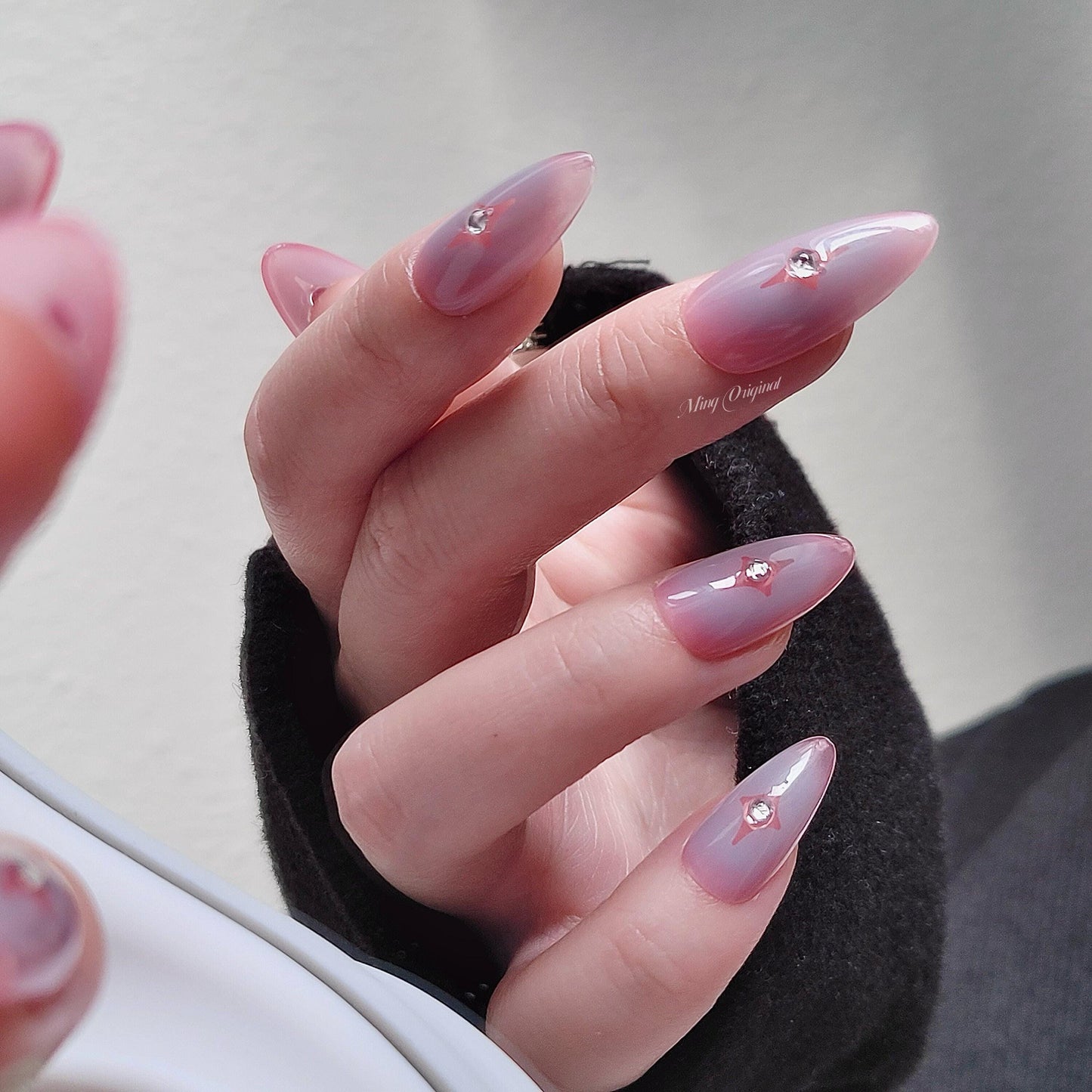 Star y2k Blue Blush Nail press on, Ombre blue, pink undertone, Fake nails, rhinestone, Luxury Handmade Nails