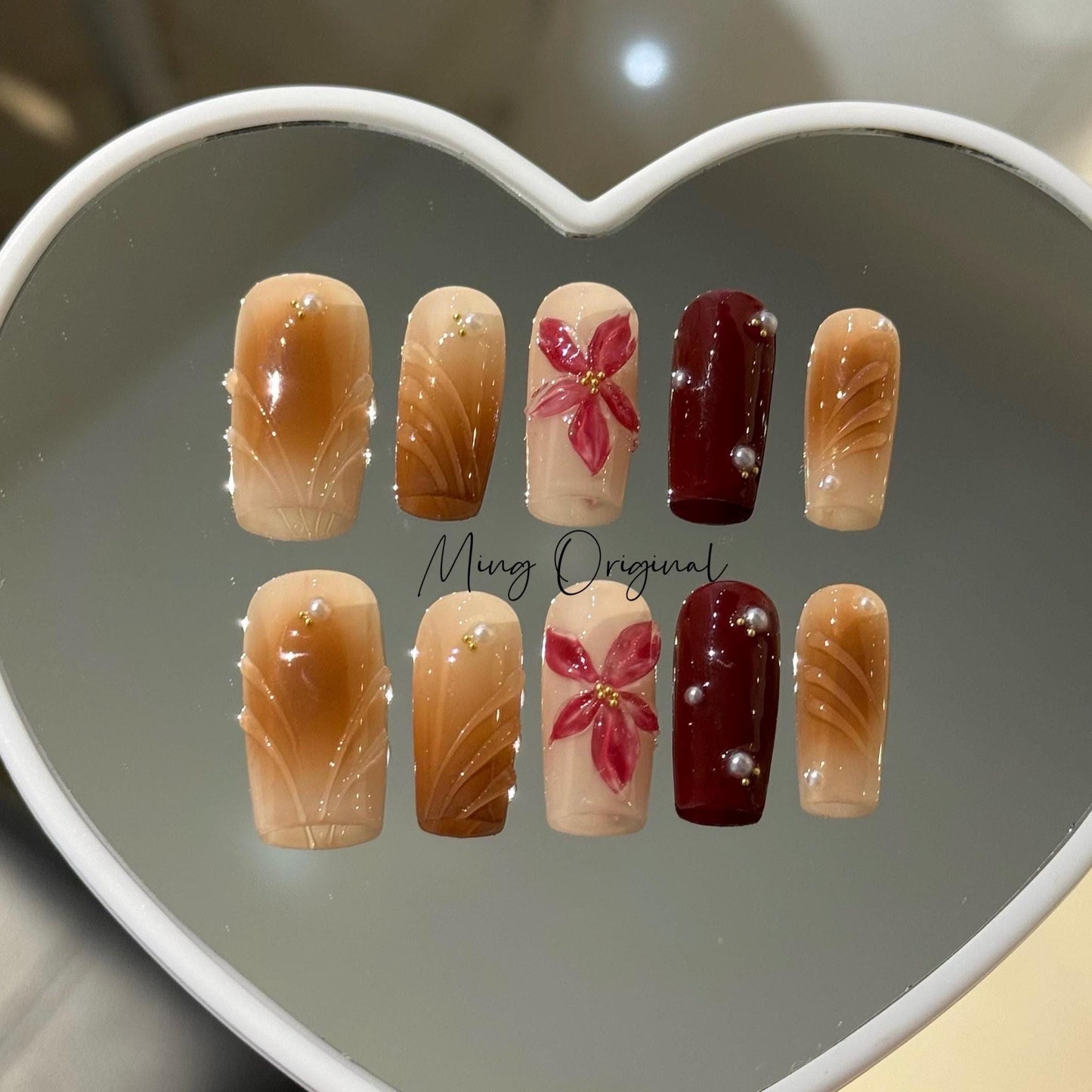 Golden tone Autumn red flower press on Nail, Clematis floral, 3d red flower glue on nail, 3d swirls, Holiday Gifts for Her, MO410