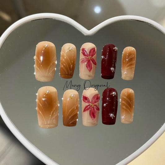 Golden tone Autumn red flower press on Nail, Clematis floral, 3d red flower glue on nail, 3d swirls, Holiday Gifts for Her, MO410