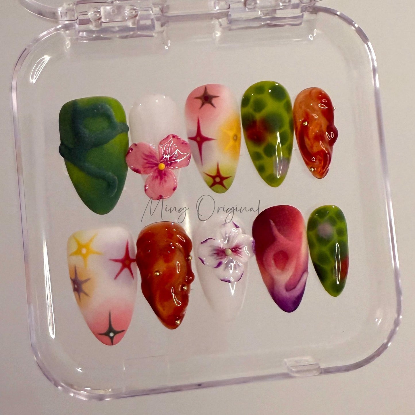 Spring Blossom free style bubbly color Press On Nails,  3D Floral, Jelly Textures, Airbrush Art, Handmade Nail Set, gift for her, MP429
