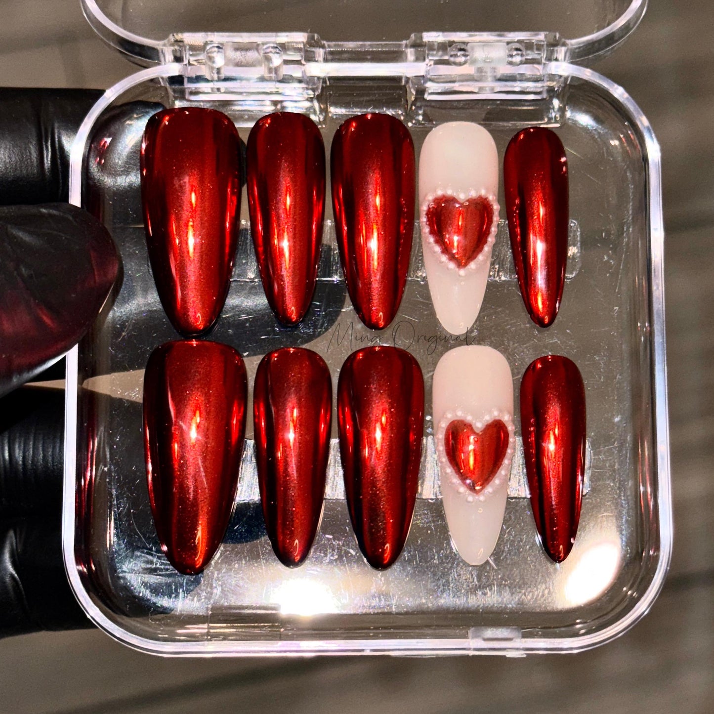 Red chrome pearl heart Press on nails, simple mirror metalic handmade Nails, valentine new year gift for her,MO385