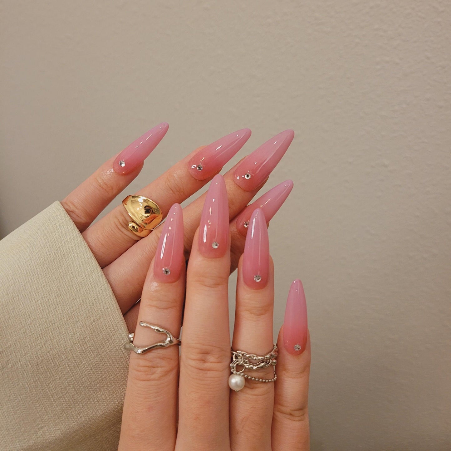 Simple airbrush press on nails, pink purple ombre color with rhinestone, jelly fake nails,hand painted candy color nail