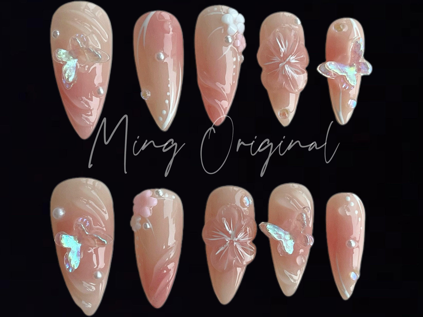 3D sculptured flower Press on Nails, Mermaid Butterfly Nails, Clear Tropical Floral Nails, Jelly Nails