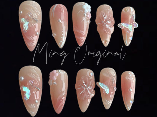 3D sculptured flower Press on Nails, Mermaid Butterfly Nails, Clear Tropical Floral Nails, Jelly Nails