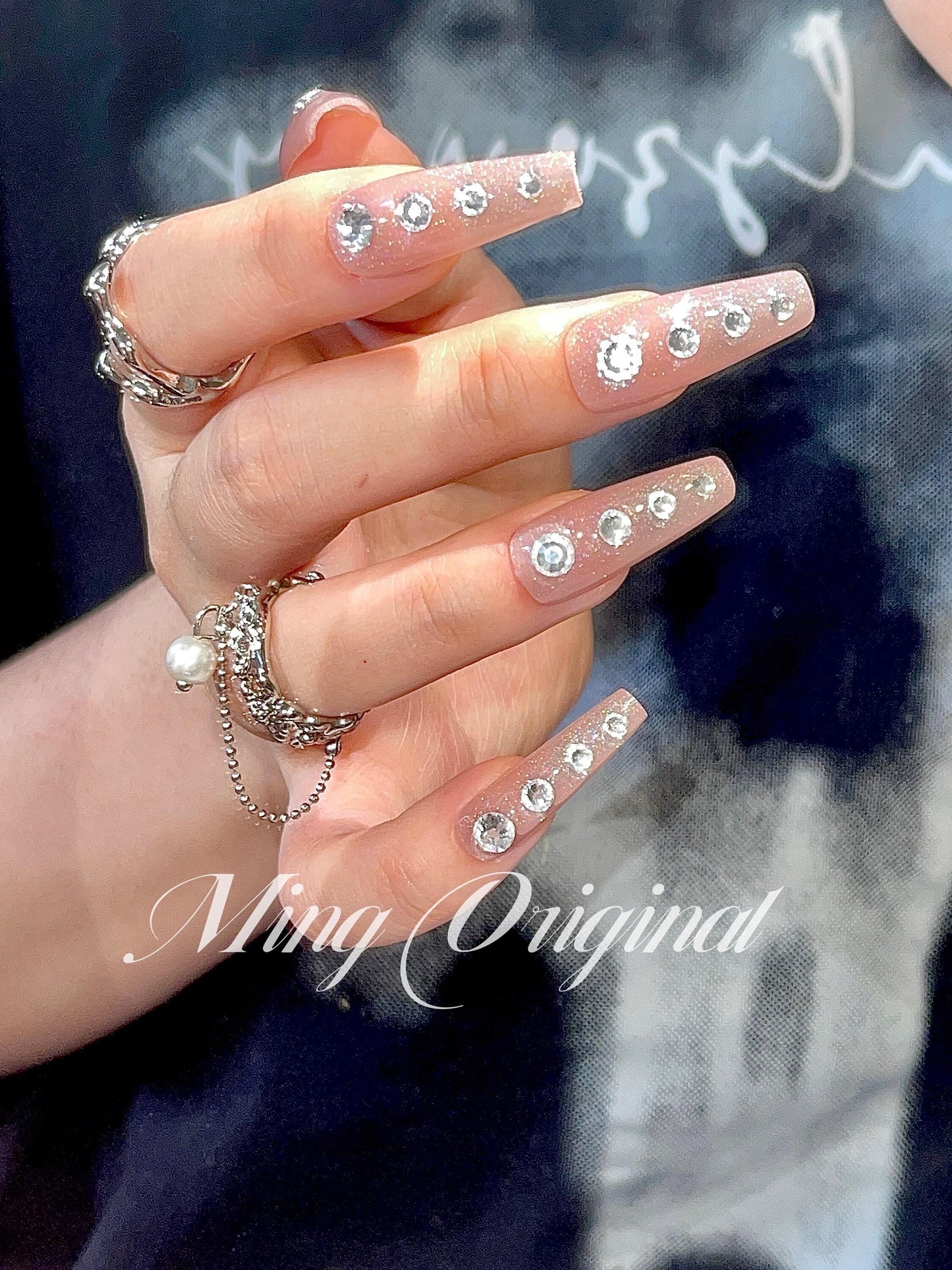Euphoria Cassie inspired nude crystal diamond rhinestone press on nail, shiny rainbow holographic shimmer Nails