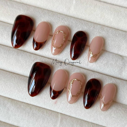 Classic French tip Tortoise Shell Amber water blooming Press on Nails, gold chrome detail nail, minimalist winter nail,gift for her,MO364