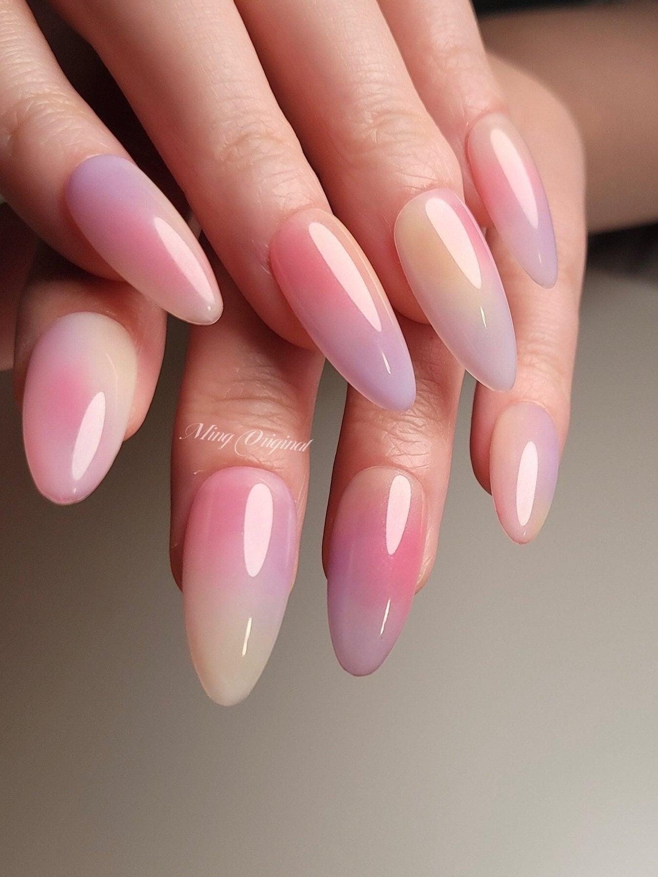 Simple airbrush press on nails, pink purple yellow ombre color reuse nails, jelly fake nails,hand painted candy color bloom nail
