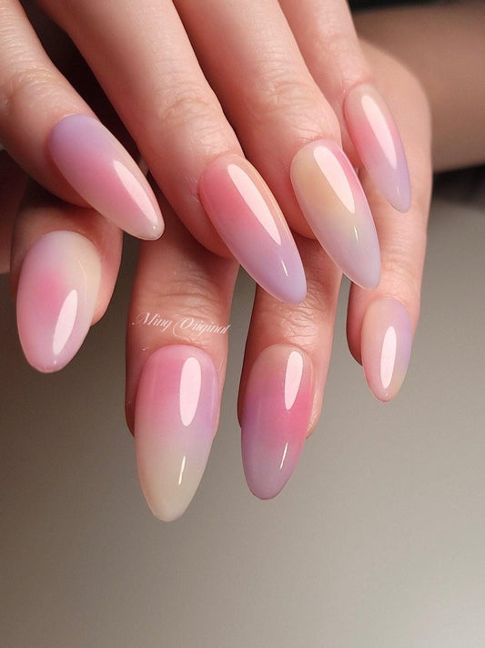 Simple airbrush press on nails, pink purple yellow ombre color reuse nails, jelly fake nails,hand painted candy color bloom nail