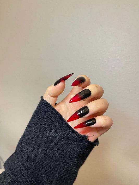 Ombre black n Red press on nails, semitransparent Halloween vampires reusable nail, jelly fake nail