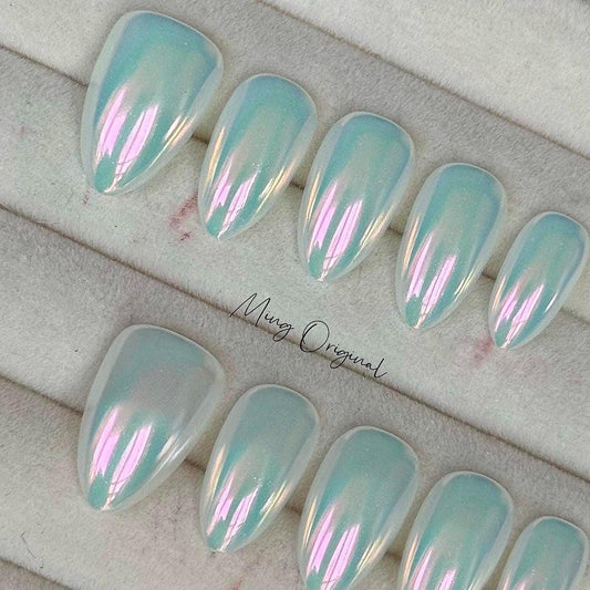 Pearlescent pink Aurora chrome press on nail, multicolored purple pink yellow chrome, everyday nail, simple nail, gift for her, MO427