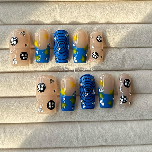 Free style blue Press on Nails, nude nail, yellow Star abstract color hand paint fun nail, Christmas holiday birthday gift for her,MO329