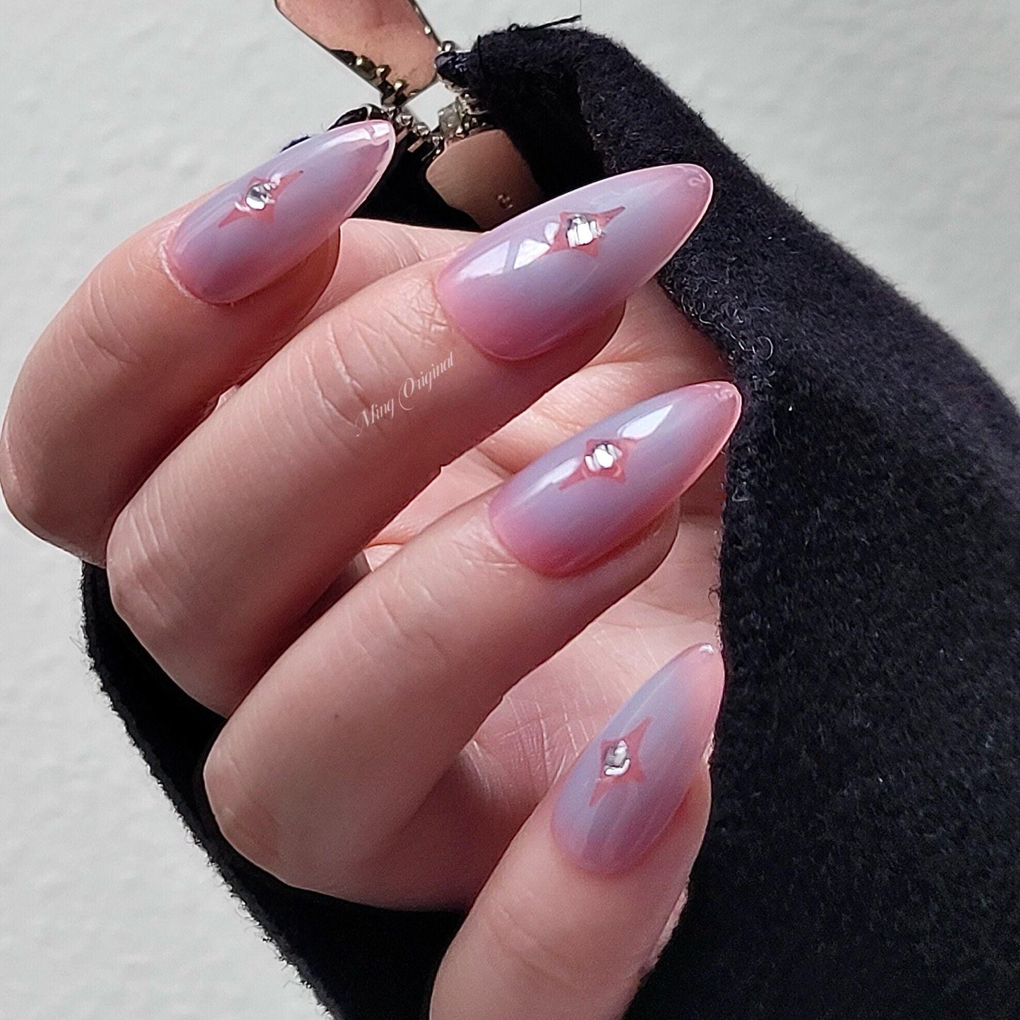 Star y2k Blue Blush Nail press on, Ombre blue, pink undertone, Fake nails, rhinestone, Luxury Handmade Nails