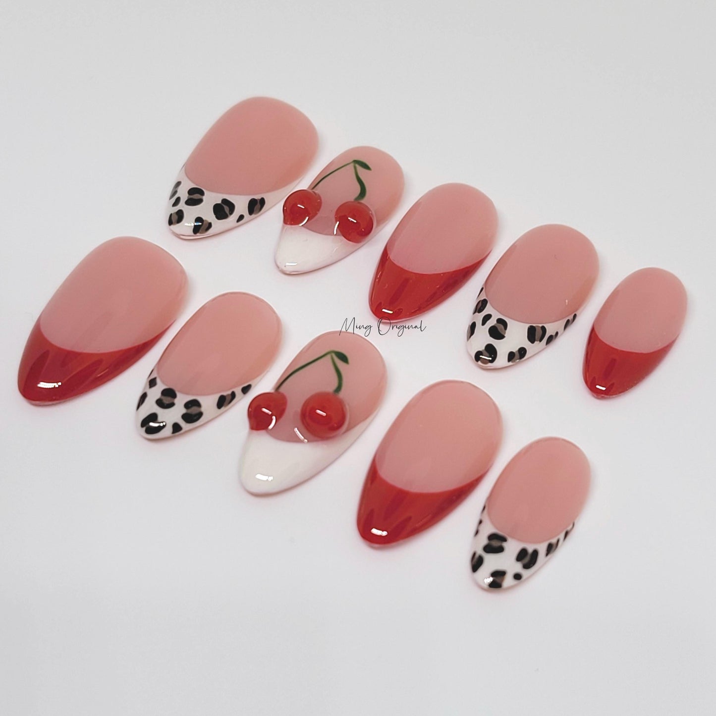 3d red cherry press on nails, leopard prints red french tip nail, Fruit Lover, glue on nail, Christmas Fake Nails, Gifts for Her,MO299