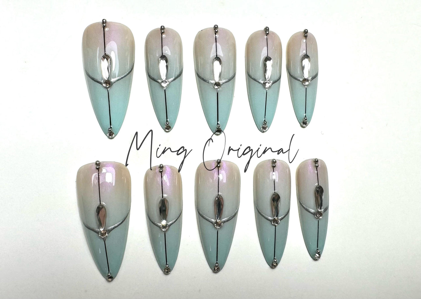 Air brush abstract line with crystal press on nail, AI style nail, French line y2k gothic nail