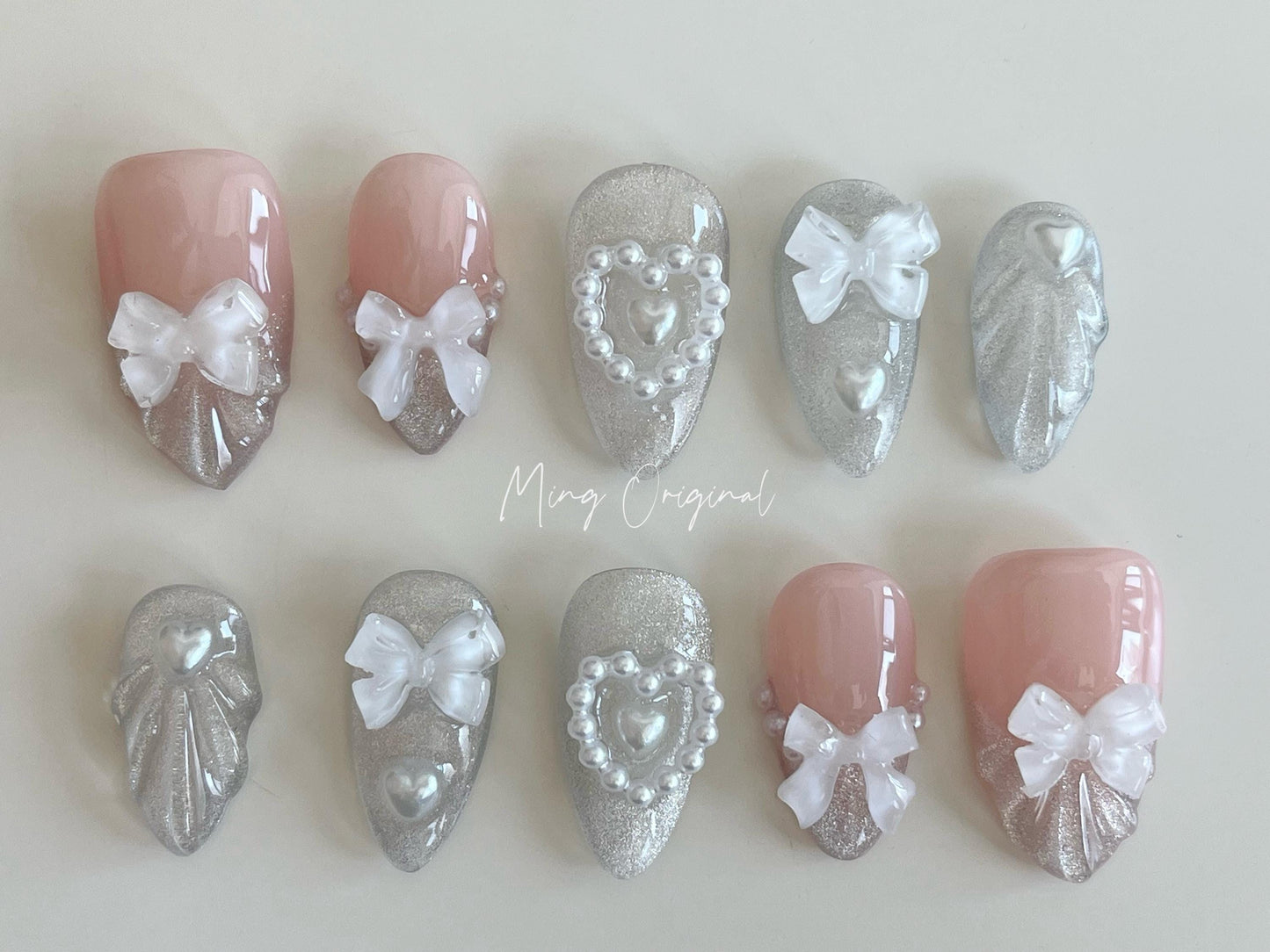 Silver cat eye with bow coquette Press on Nails, French Tip, pearls nail, Jelly Nails, birthday holiday gift for her, MO300