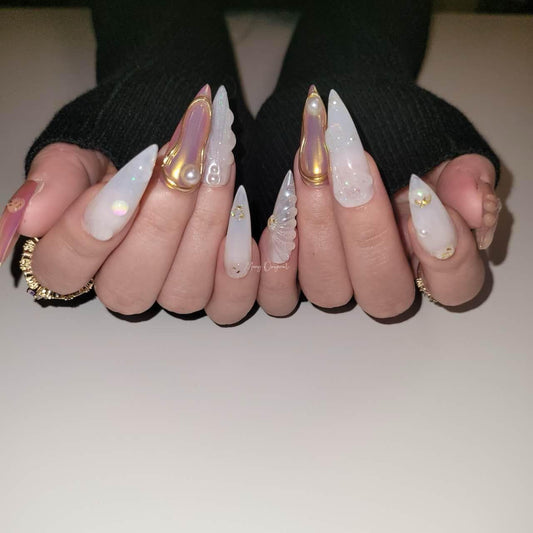 3D Y2K gold aurora Mermaid press on nails, Aura Seashell with pearl reusable nail, jelly fake nail, gift for her