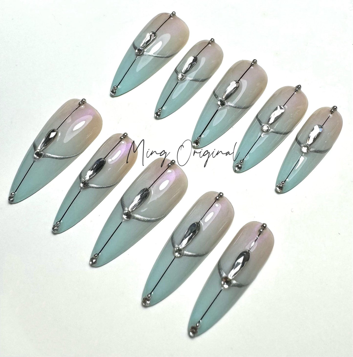 Air brush abstract line with crystal press on nail, AI style nail, French line y2k gothic nail
