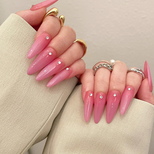 Simple airbrush press on nails, pink purple ombre color with rhinestone, jelly fake nails,hand painted candy color nail