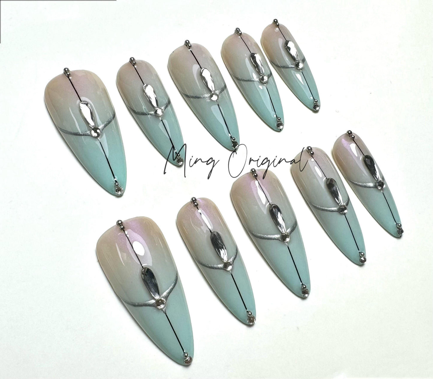 Air brush abstract line with crystal press on nail, AI style nail, French line y2k gothic nail