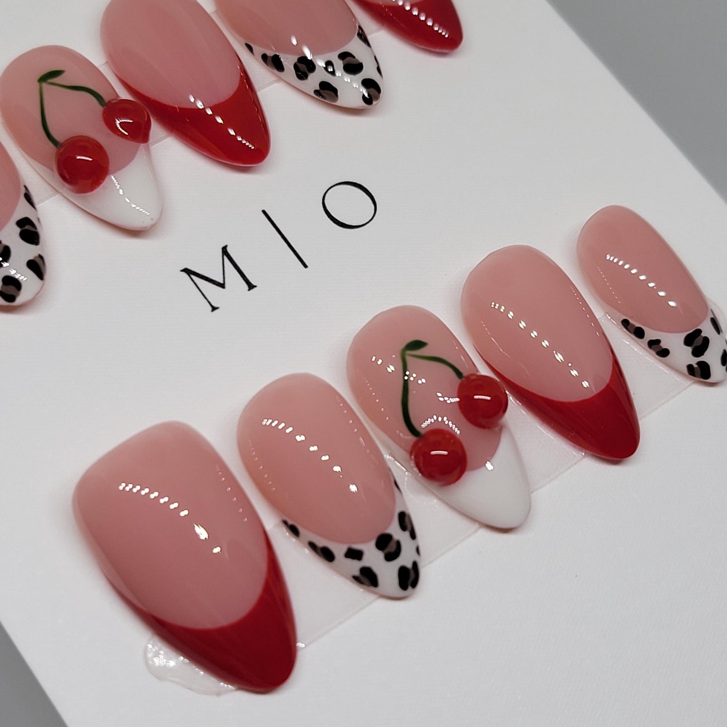 3d red cherry press on nails, leopard prints red french tip nail, Fruit Lover, glue on nail, Christmas Fake Nails, Gifts for Her,MO299
