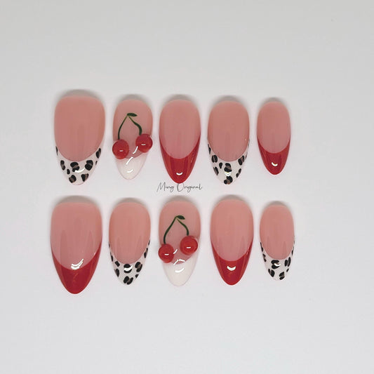 3d red cherry press on nails, leopard prints red french tip nail, Fruit Lover, glue on nail, Christmas Fake Nails, Gifts for Her,MO299