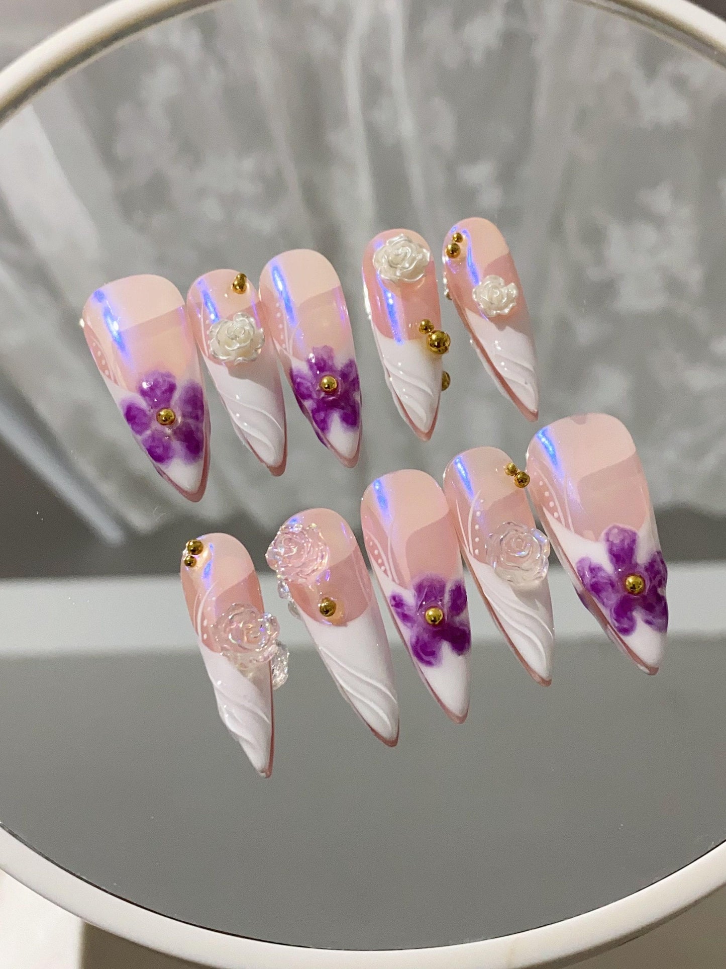 Limited Time New Design Promo|Purple Summer Camellia Flower 3D Free Style press on nails, Fairycore Floral Nail, French Tip, aura nail