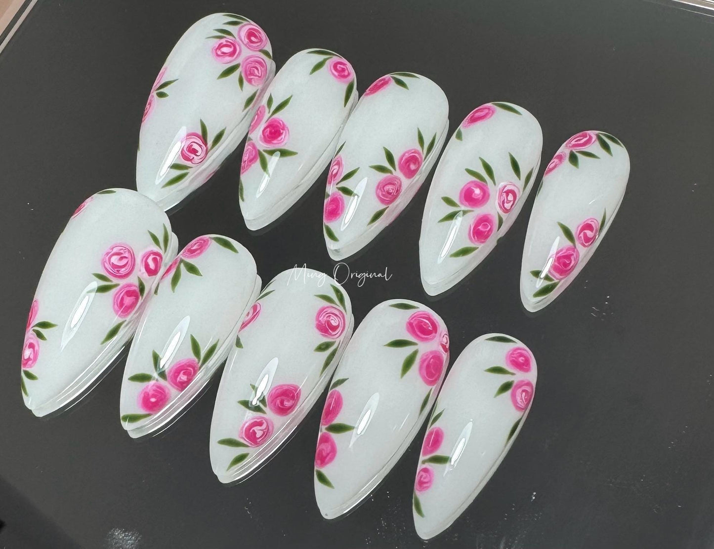Pink Rose Flower milky white art nail, premium salon Press on Nail, glue on nails, Handmade gel Nails, holiday birthday gift for her MO305