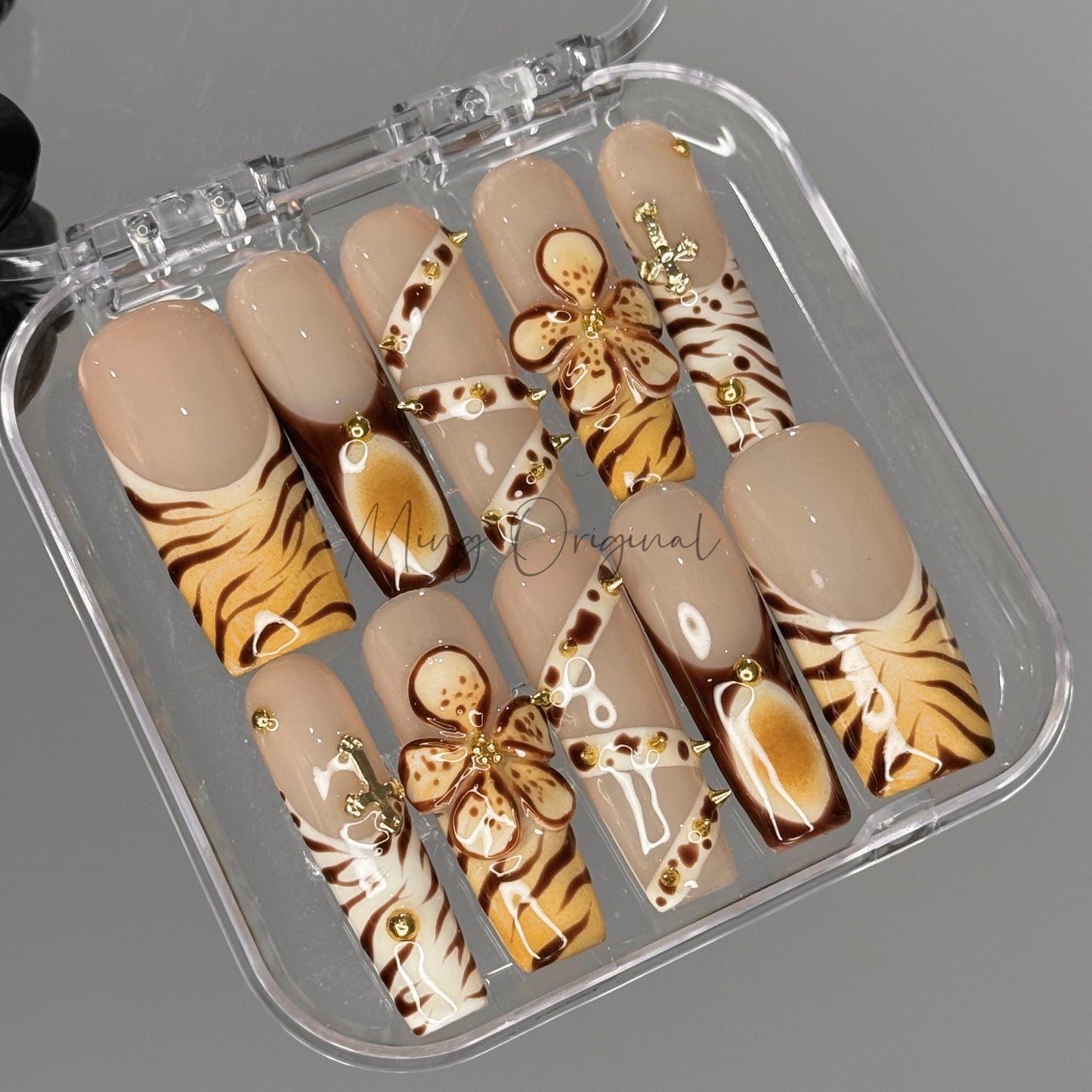Brown Flower handmade 3d Press on Nails, animal print, belt and gold rivet, Zebra stripe French tip nail,gift for her,MO452