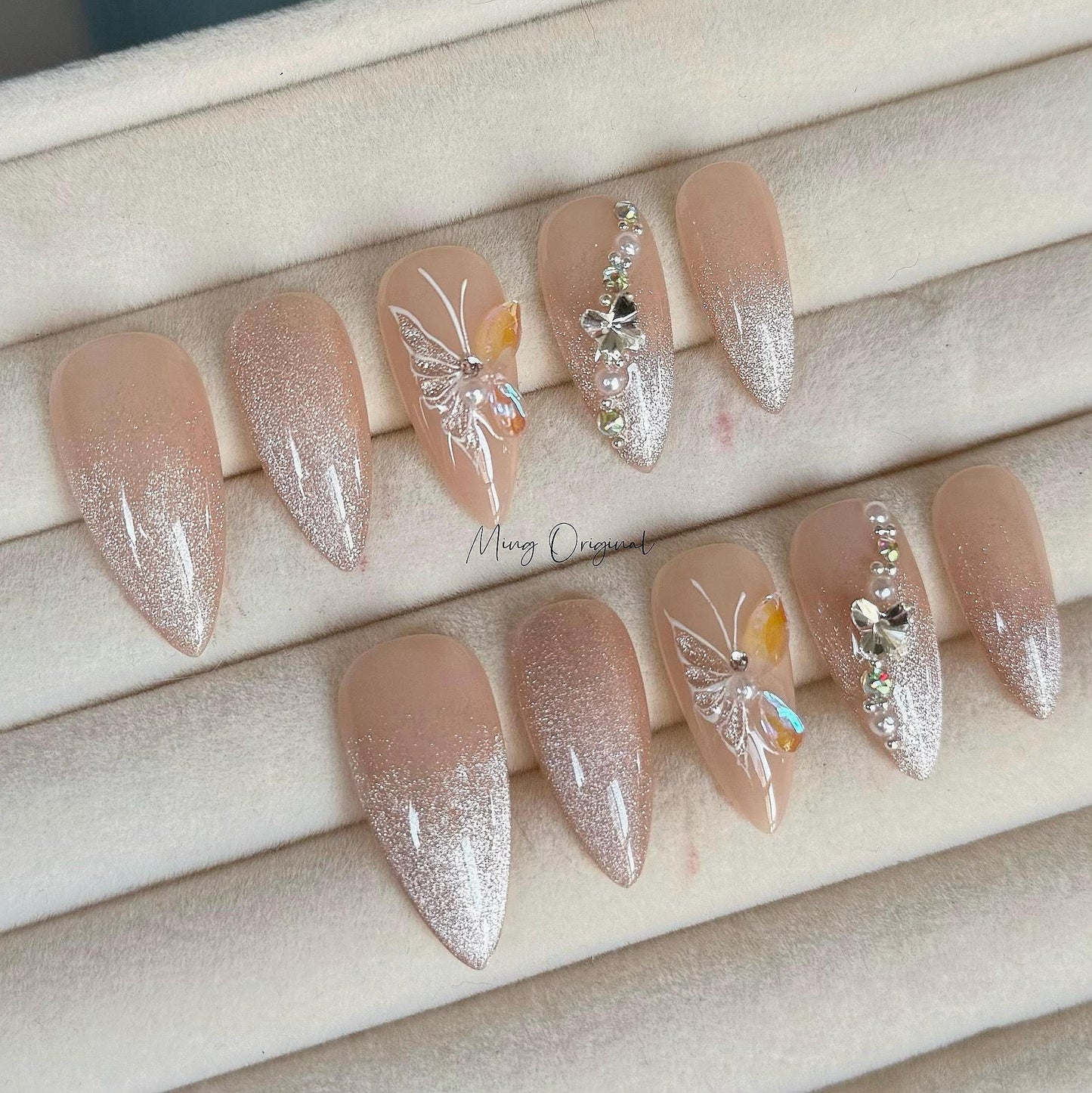 Nude Ombre Cat Eye with Butterfly press on nails, Everyday nail, Glittery faded tip aura crystal nail, bridal art nail,  gift for her, MO395