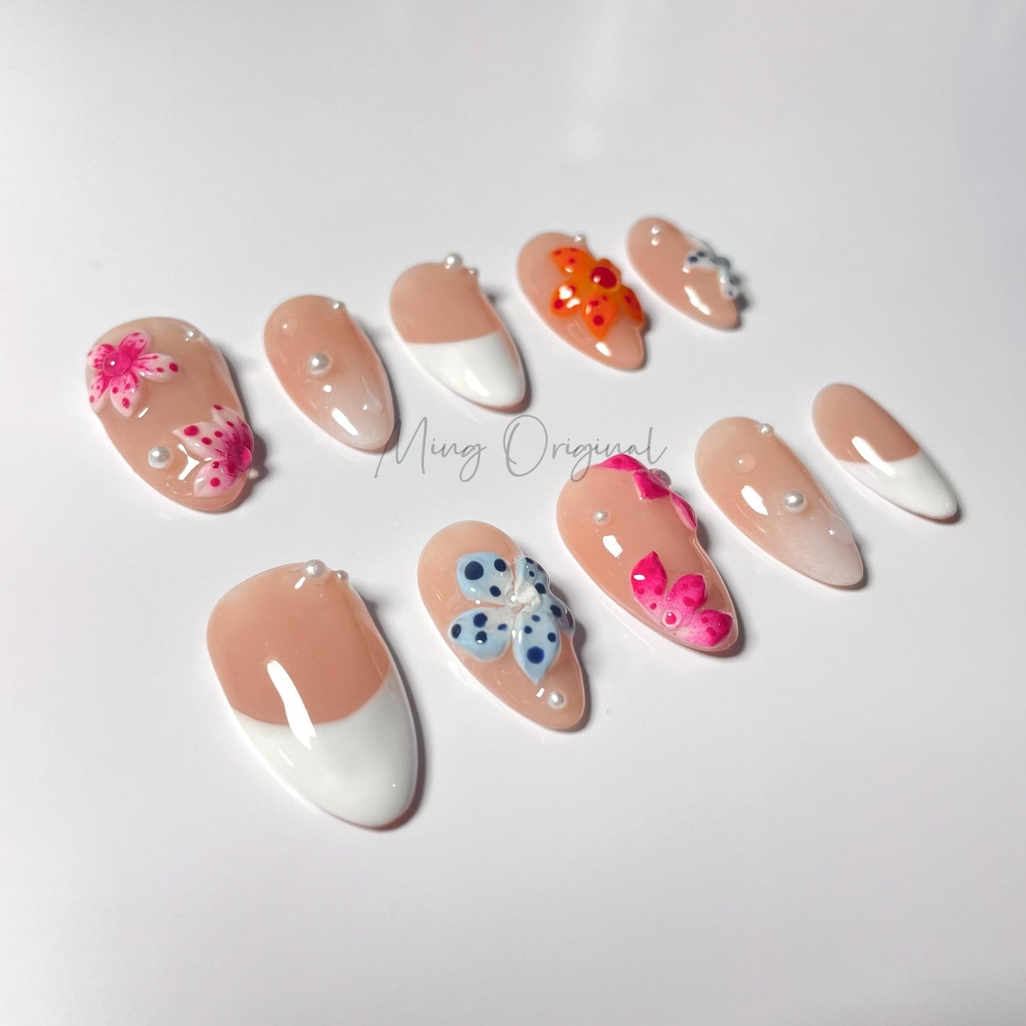 Colorful Vivid Blooming Flower Press on Nails, French tip Nails, Spring Summer, birthday holiday gift for her MO456