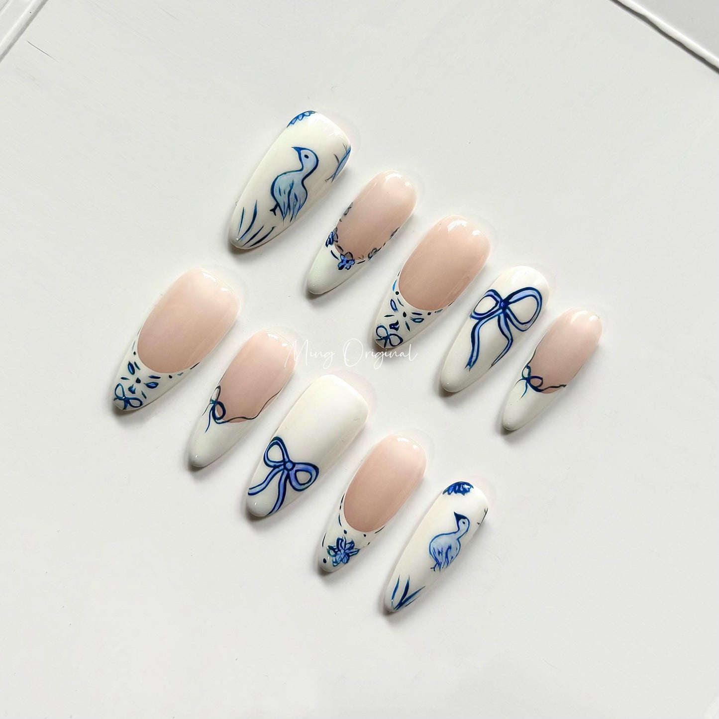 Ceramic porcelain duck cute bow coquette press on nail, white french tip floral nails, glue on nail, wedding birthday gift for her, MO349