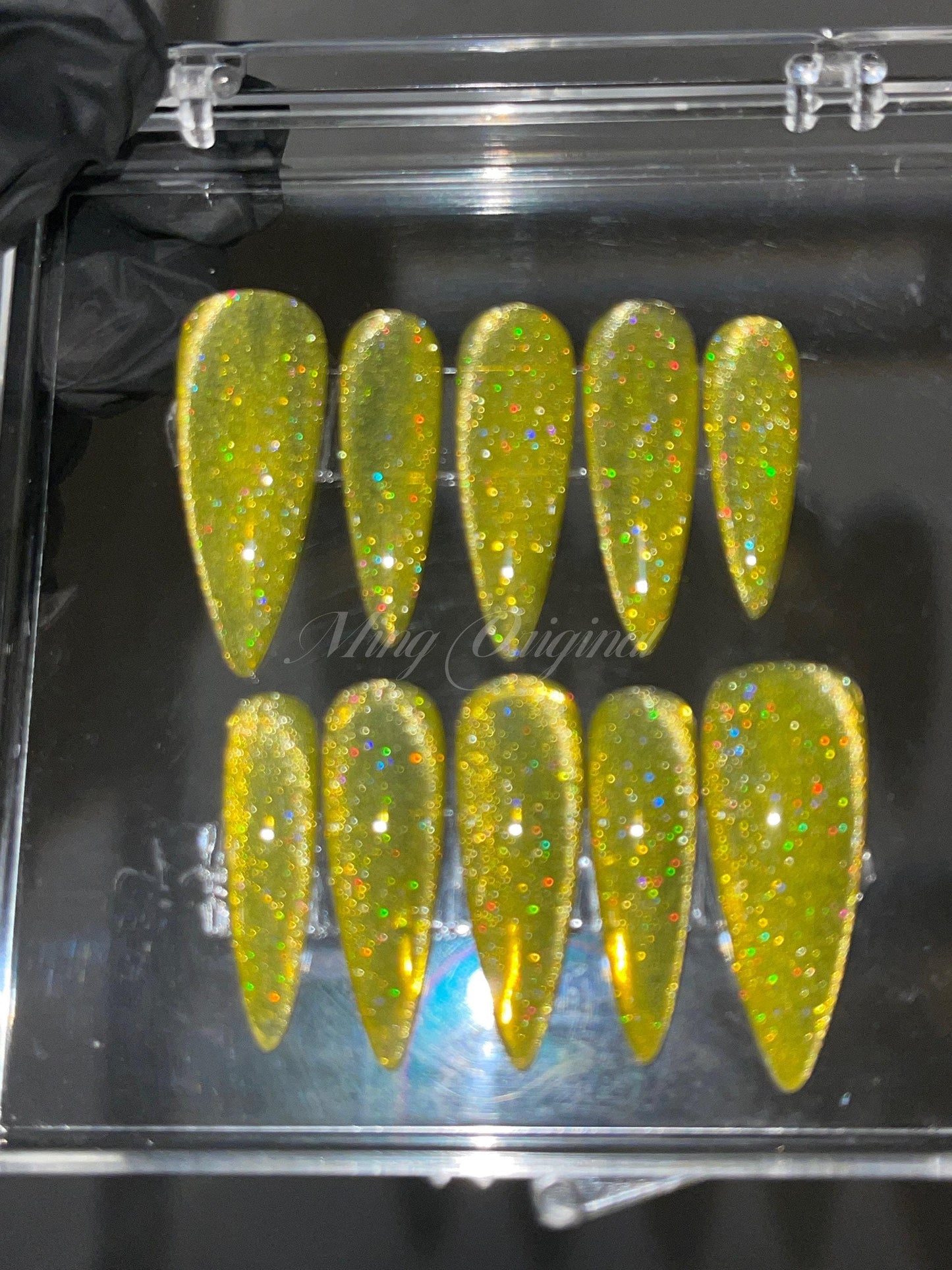 Yellow holo magnetic cat eye press on nails, semitransparent reuse nails, diamond reflective glitter fake nail