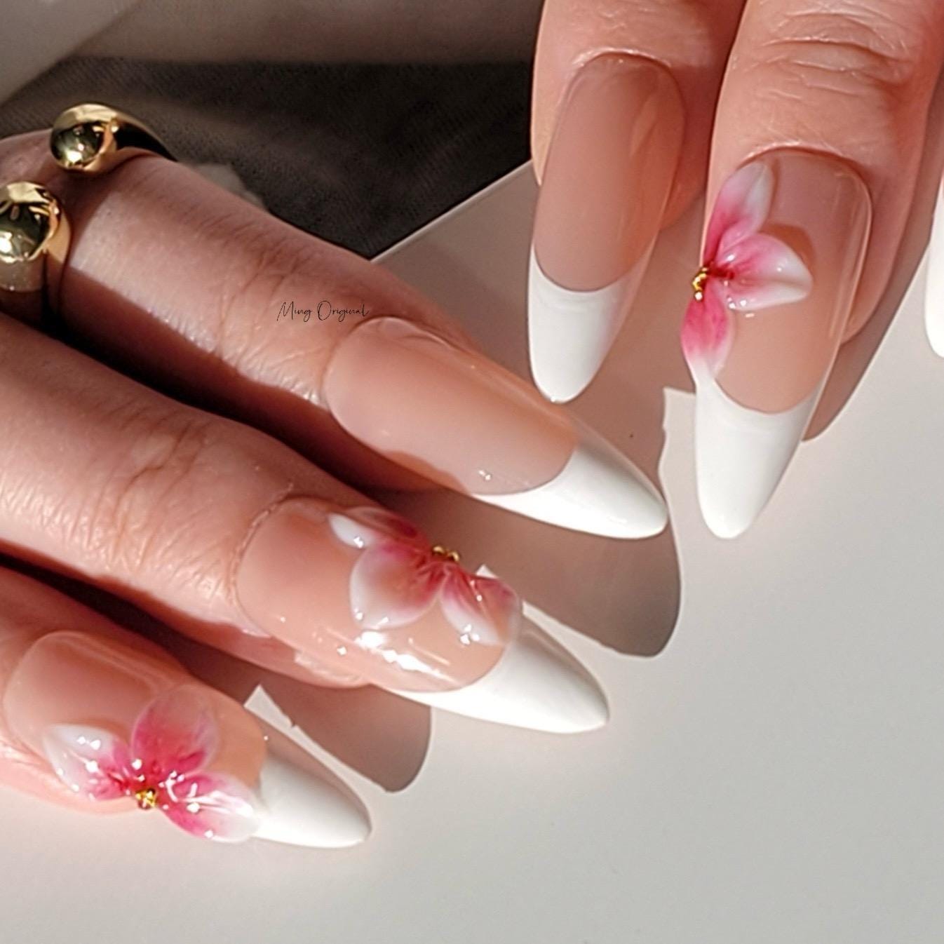 Pink 3d blooming flower press on nails, 3d white jelly flower French tip Nails, nude nails, birthday holiday gift for her MO322