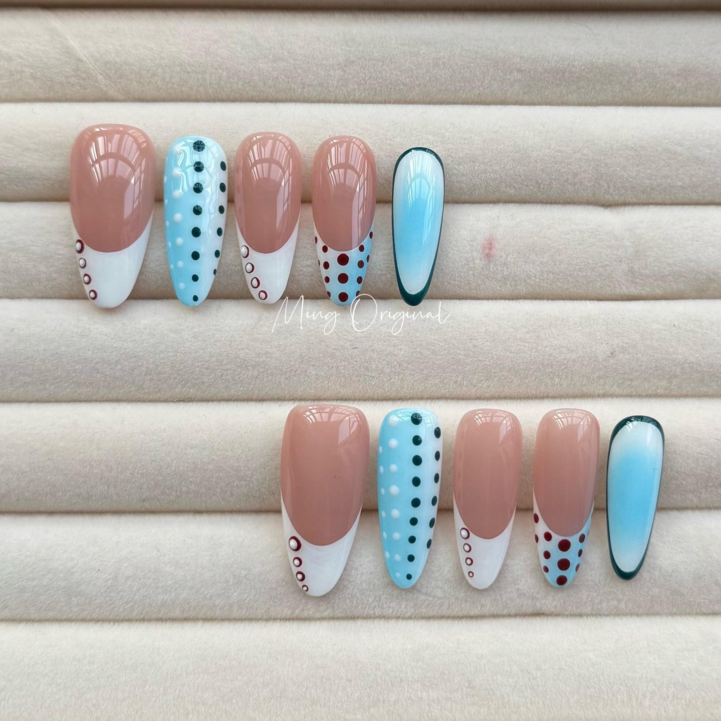 Free style dots ombre blue press on nails, polka dot french tip fake nails, candy color glue on nail, birthday holiday gift for her MO321