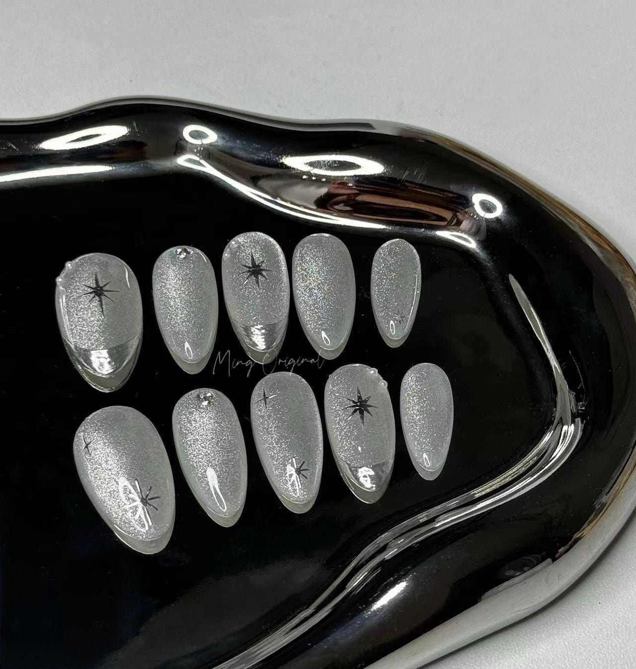 Silver Cat Eye Glittery free style Chrome French Tip Nail press on, Y2K Star Pearl Glittery Jelly Fake nails, Luxury Handmade Nails