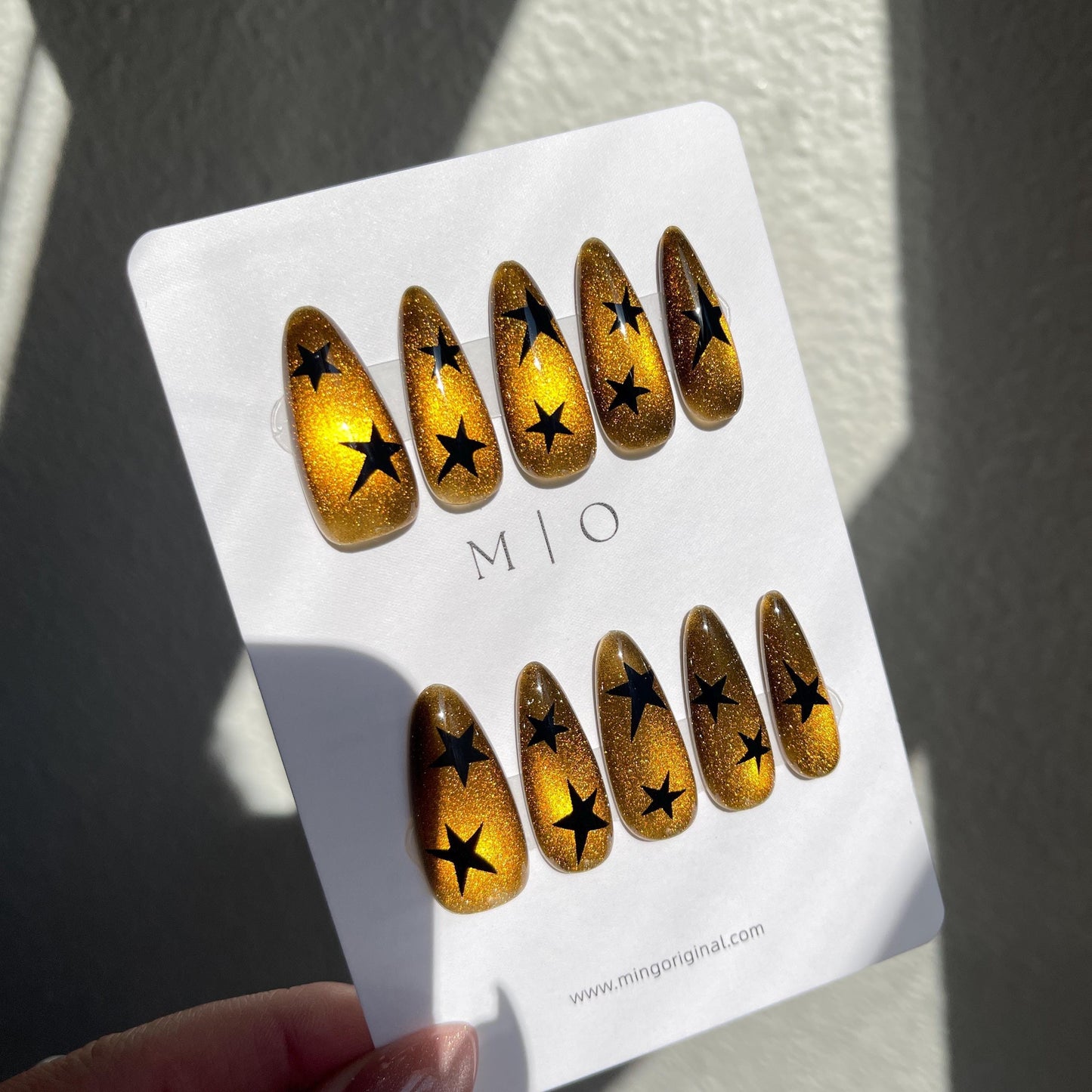 Da Amber Star| glass beads inspired magnetic cat eye press on nails, yellow/golden nails, semitransparent reuse nails, glitter fake nail