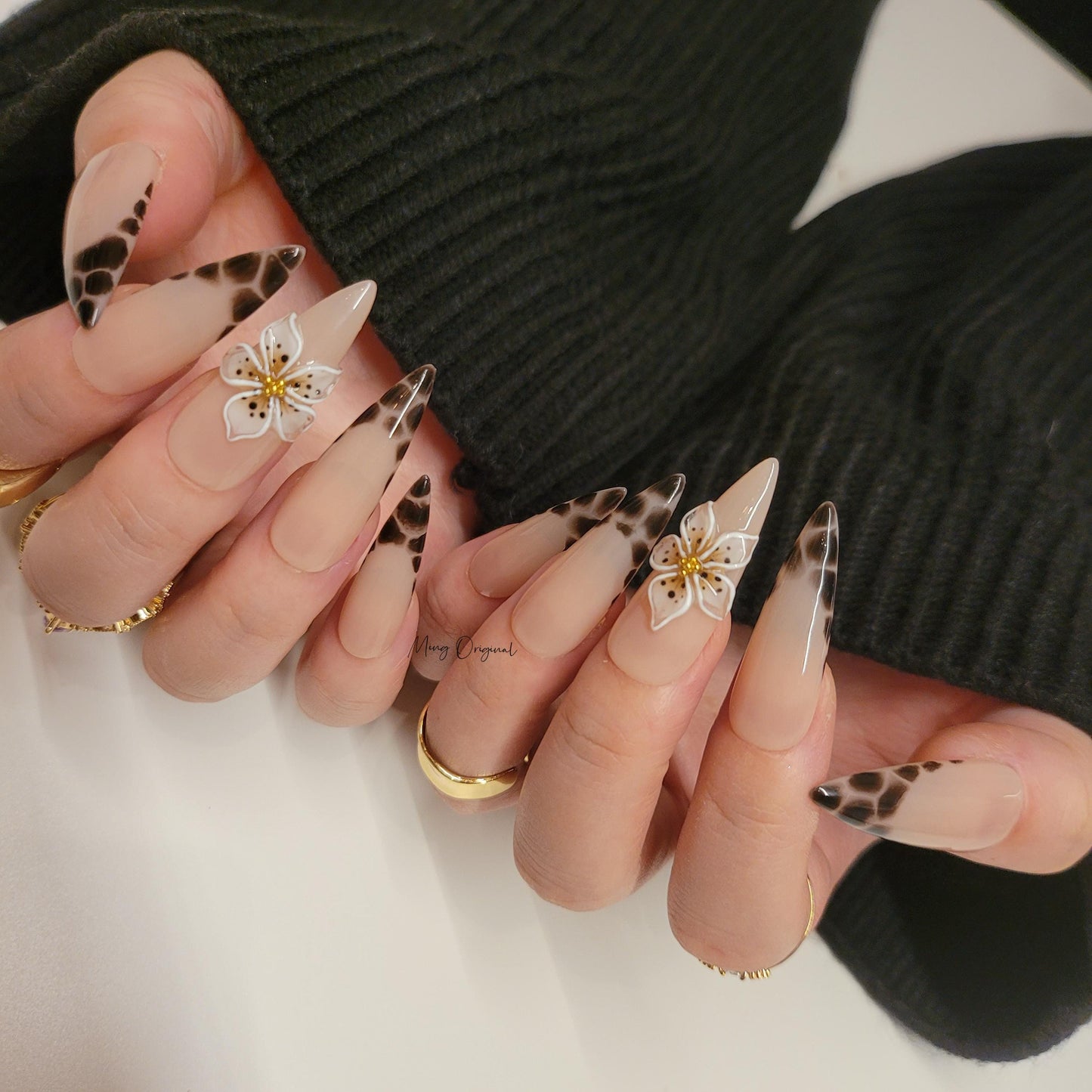 Animal print french tip Press on Nails,  leopard print 3d flower fake nails, glue on nail, holiday birthday gift for her,MO290